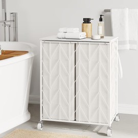 WOWLIVE Laundry Basket with Wheels, Heavy Duty Laundry Hamper with Wood Lid, Clothes Hamper with Divided Removable Liner Bag, Large Capacity Iron-Made Laundry Sorter Laundry Room Organization (White)