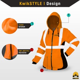 KwikSafety - Charlotte, NC - ROGUE Safety Jacket for Women [NO FUZZ BALLS] Class 3 ANSI OSHA Reflective Hi Vis Womens Fleece Hoodie/Orange XL