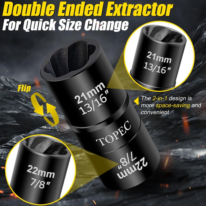 Topec 21mm x 22mm Flip Lug Nut Extractor, 1/2" Drive