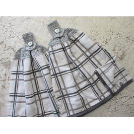 Set of 2 Gray Plaid Double Layer Hanging Kitchen Towels with Gray Cotton Crochet Top - Best Quality