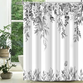 CTOTSYC Eucalyptus Shower Curtains for Bathroom, Grey Watercolor Leaves with Floral Shower Curtain Sets with Hooks, Waterproof Fabric Botanical Bathroom Decor, 72x72 Inches