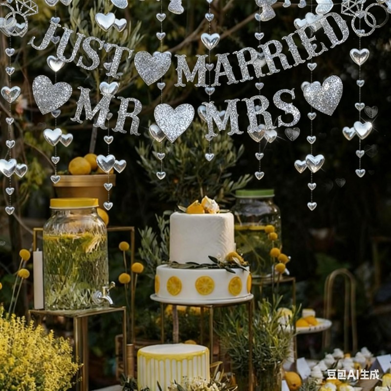 Aiyraa Silver Just Married Banner, Just Married Wedding Decorations