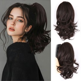 Postizos de Coleta Rizada con Pinzas de Garra, 30cm Corto Cola de Caballo Extensión de Pelo Ondulada Ponytail Extension Clip in Postizo Sintético para Mujeres (Marrón Oscuro, 30cm)