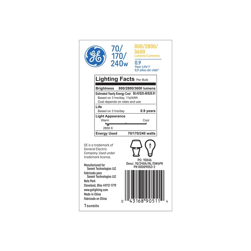GE Incandescent 240W Soft White A21 3-Way Bulb 1 Pack