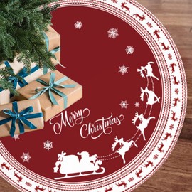 Merry Christmas Tree Skirt,48 Inch Red Christmas Tree Skirt with Snowflake & Reindeer,SantaClaus Xmas Tree Skirt Christmas Decorations for Holiday Party Decor Indoor Outdoor