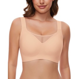WOWENY Wireless Minimizer Bras for Women V Neck Comfortable Adjustable Full Coverage Padded Bralettes Smoothing Bra(B-Beige, X-Large)
