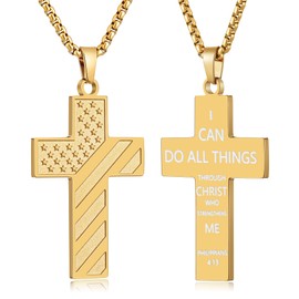 Fiusem Cross Necklace for Men, Gold Mens Cross Necklaces with 2.5mm Cross Chain for Men and Stainless Steel Cross Pendant, American Flag Cross PHILIPPIANS 4:13