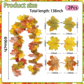 2 Pack Fall Maple Leaf Garland Decor Autumn Hanging Vine Garland Artificial Autumn Leaves Thanksgiving Decorations for Fall Indoor Outdoor Home Fireplace Stairs Party Supplies (Maple Leaf-B)