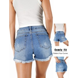 VAYEAH Jean Shorts Womens High Waisted Stretchy Ripped Frayed Raw Hem Denim Shorts Summer Causual Blue Size L