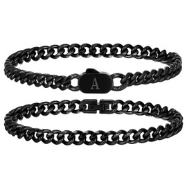 Hisatan Initial Bracelets for Men, 2 Pcs A-Z Letter Bracelet Black Mens Bracelet with Initial, Stainless Steel Stylish Non Tarnish Cuban Link Bracelet for Men Jewelry Gifts, 8.26"