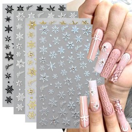 Christmas Nail Stickers for Nail Art ins Snowflake Crystal Diamond 3D Glitter Shiny Gold Silver Black White Nail Design Luxury French Tip Adhesive Nail Sticker Xmas Winter Manicure Decorations 4Sheets