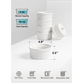 LE TAUCI Ramekins 12 OZ Oven Safe, Ceramic Souffle Dishes for Oven, Custard Cups, Creme Brulee Dishes, Porcelain Large Ramekins, Pudding Ramiken, Dipping Sauces, Set of 6, White