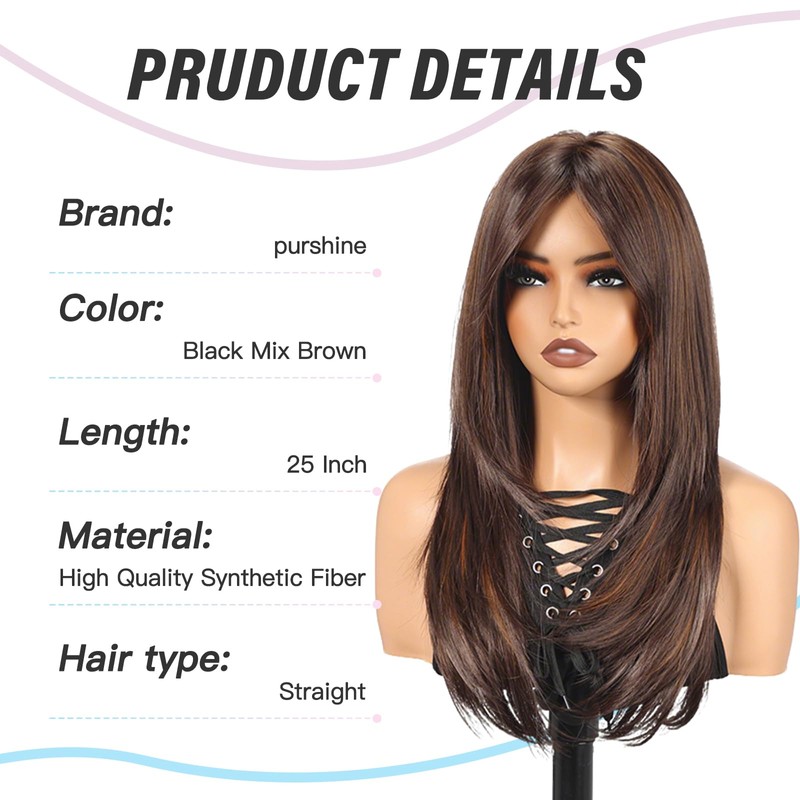 purshine Long Black Mix Brown Wig with Bangs for Women,
