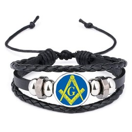 Masonic Freemason With G Black Leather Bracelet and Velvet Gift Bag