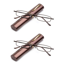 2 Packs Pocket Readers Ultra Slim Compact Reading Glasses Spring Temple w/Portable Pocket Clip Aluminum Case Brown +3.50