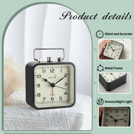 FLOITTUY Square Metal Beep Alarm Clock Silent No Ticking, Snooze and Battery Operated, Night Light and Desk Clock for Bedroom/Travel/Kids, Easy Set(Black)