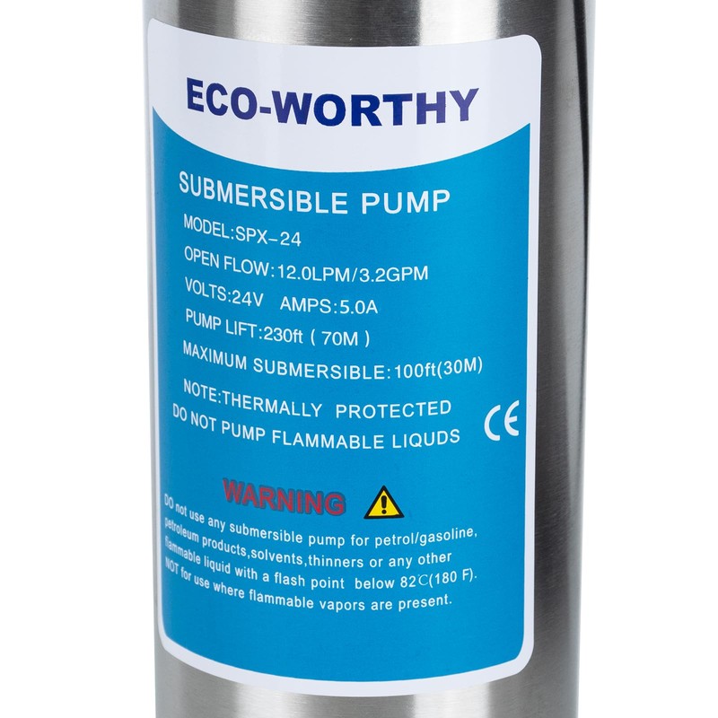 ECO-WORTHY 24V Well Pump 3.2GPM 4" Stainless Steel, Max Lift