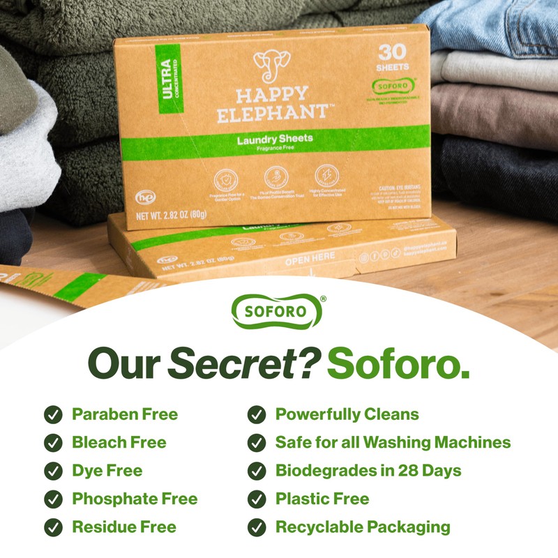 Happy Elephant Laundry Detergent Sheets, Fragrance Free, Natural Biodegradable Laundry