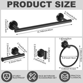 Bathroom Hardware Set 20 Pieces, Stainless Steel Towel Bar Set Includes 4 Packs 15.7 inch Bar, 8 Packs Hook, 4 Packs Ring, 4 Packs Toilet Paper Holder Wall Mounted (Matte Black)