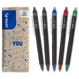 PILOT - Set of 5 Frixion Point Clicker - Rollerball Pen 0.5 mm with Erasable Push Button Mechanism - Thermosensitive Ink - 2x Black + 1x Blue/Red/Green - Refillable - Fine Tip