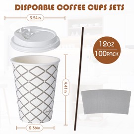 LITOPAK 100 Pack 12 oz Paper Coffee Cups, Disposable Coffee Cups with Lid, Sleeve, and Straws, Four Designs of Hot Coffee Cups, Disposable Paper Cups, and Drink Cups for Home, Stores, and Cafes.