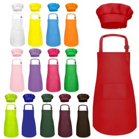 MEOGETY 14 Suits Kids Apron and Chef Hat Set Kids Kitchen Apron with 2 Pockets Adjustable for Boys Girl's Cooking Baking Painting