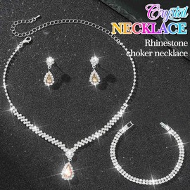 Reaky Bridal Jewelry Sets Silver Rhinestone Necklaces 3 Pcs Crystal Necklace Jewelry Set Bride Wedding Accessories for Women (Champagne)