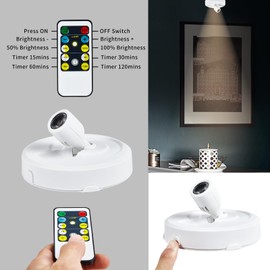 HOFUY 4 Pack Wireless LED Spotlight Battery Operated Picture Puck Lights with 2 Remote, Dimmable Stick Spot Lights with Timmer for Wall Display Painting Dartboard Artwork Accent Closet