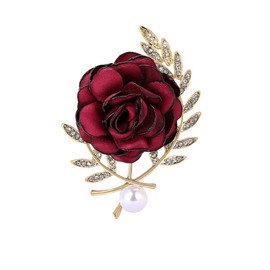 Rose Flower Brooch for Women Dainty Satin Fabric Camellia Flower Lapel Pins Sparkling Crystal Rose Bouquet Brooch Vintage Elegant Pearl Wedding Bridal Banquet Suit Jewelry (Red)