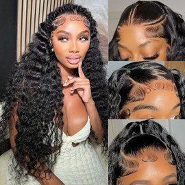 XVE 26 Inch 13x4 Deep Wave Lace Front Wigs Human Hair Pre Plucked 200 Density HD Transparent Lace Frontal Wig Wet And Wavy Lace Front Wigs Human Hair For Women Curly Glueless Wigs Natural Black