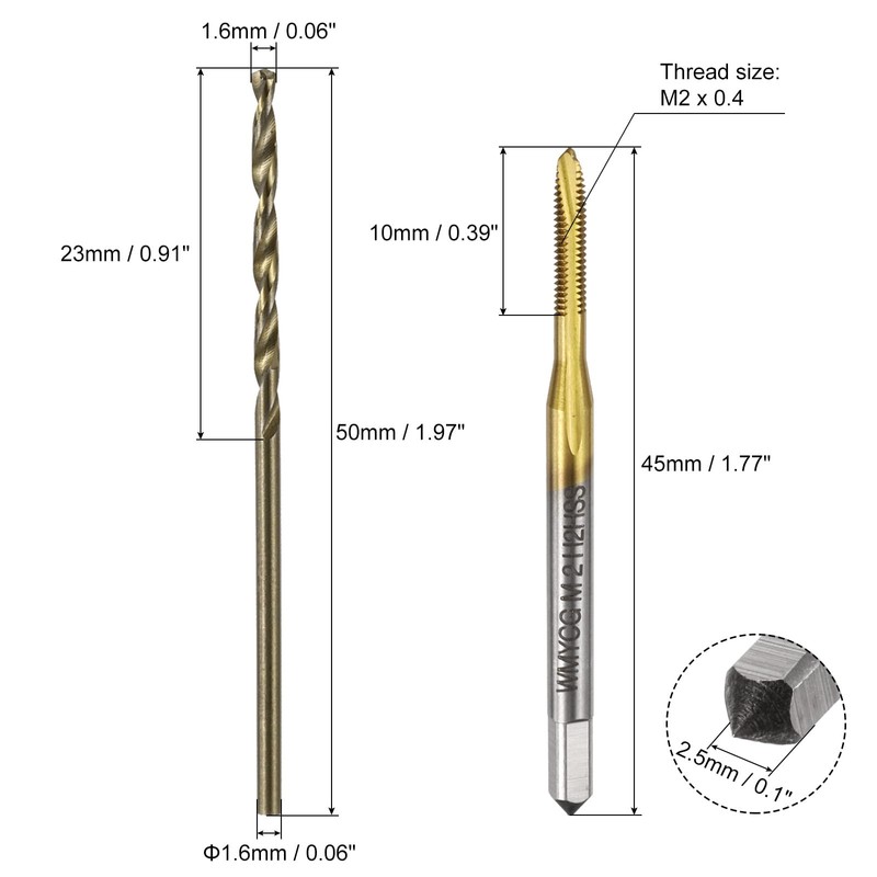 sourcing map Metric Tap & Drill Bit Set, 3pcs M2