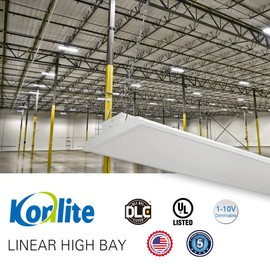 Konlite Linear LED Bay Ceiling Light 225w 4 FT 120-277V 30626 lumens 1-10V dimmable 5000k Color UL and DLC Listed Industrial LED Warehouse and Aisle Lighting Compares to 8 Lamp Fluorescent T5 Fixture
