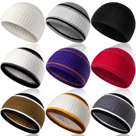 Funtery 9 Pieces Winter Knit Kufi Hats Skull Caps for Men Women Muslim Liner Ramadan Crochet Beanie(Stylish Colors)