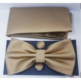 GUSLESON Mens Plain Color Tan Pre-tied Bow Tie and Pocket Square Cufflink Set