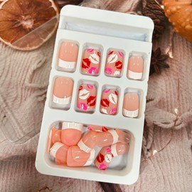 Valentine's Press on Nails Short Square White Red Lips False Nails with Design White French Fake Nails Pink Charm Acrylic Nails Full Cover Coffin Artificial Nails, Glue on Nails for Women 24Pcs