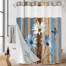 Nesphy No Hook Vintage Farmhouse Shower Curtain with Snap in Fabric Liner Set, Blue Daisy Flowers and Butterfly on Wooden Double Layers Waterproof with See Through Top Bath Curtain 71x74 Inch