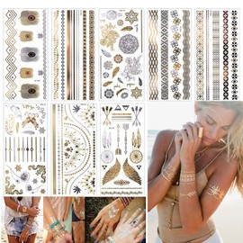 EQLEF Temporary Metallic Tattoo Stickers, 8 Sheets Shiny Body Fake Jewellery Tattoos for Women Teens Girls Gold and Silver Jewellery Tattoos Many Beautiful Designs