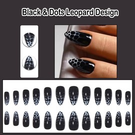 ANDGING Black Press on Nails Almond Short Medium Fake Nails Glue on Nails with Dots Leopard Design 24Pcs Manicure Acrylic Women False Nails with Glue Gel Stick on Nail for Wedding KLW668D