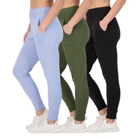 Real Essentials 3 Pack: Women's Workout Yoga Jogger Track Pants - High Waist Running Athletic Sweatpants with Pockets - Set 2, M