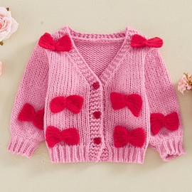 XIXIMAON Toddler Baby Girls Cute Knitted Cardigan Sweaters v Neck Button Down Long Sleeve Bow Deco Chunky Sweater Knitwear Fall Winter Warm Clothes (Pink, 18-24 Months)
