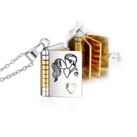 RANKEEF For Lover - Lover Gifts Adjustable Silver 18k Gold Book Necklaces with 6 Pages of Engraved Information,Openable Multi Layer Book Jewelry