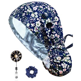 ORKSEA Satin Lined Scrub Caps with Buttons Sweathand Nurse Surgical Bouffant Adjustable Hat Ponytail Working Long Hair