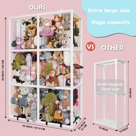 TOLIYY Stuffed Animal Storage Zoo, 58" Tall PVC Tube Stuffed Animal Cage, Extra Large Double Group Standing Stuffed Animal Holder, Creative Plush Dolls Organizer for Kids Nursery Play Room Bedroom