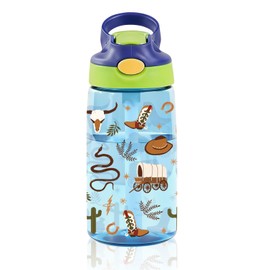 14oz Cowboy Kids Water Bottle with Straw - Western Water Bottle For School, Leakproof, Lightweight, Durable Plastic Bottles for Kids Travel, Pop-Up Straw Cover, Gift Cup for Boys Girls (Cowboy)