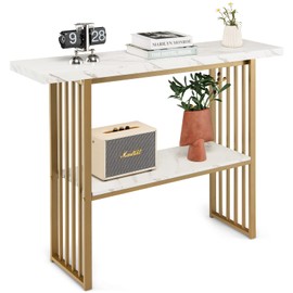 Tangkula 48” Console Table, White Faux Marble Entryway Table with Gold Finished Frame, Modern Deluxe Sofa Table with 2 Tier Storage, Ideal for Living Room, Hallway, Dining Room