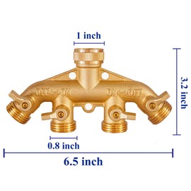 4 Way Garden Hose Splitter 3/4" GHT Solid Brass Hose Connector Heavy Duty Hose Spigot Adapter for Gardens/Home Life/Household Use with 4 Valves 8 Gaskets +2 Seal Tapes