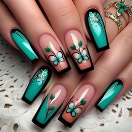 Medium Coffin Square Press on Nails Fake Nails Simple with Green Pink Butterfly Design False Nails French Tip Stick on Nails Full Cover Thick Glossy Acrylic Glue on Nails for Women 24Pcs Y933