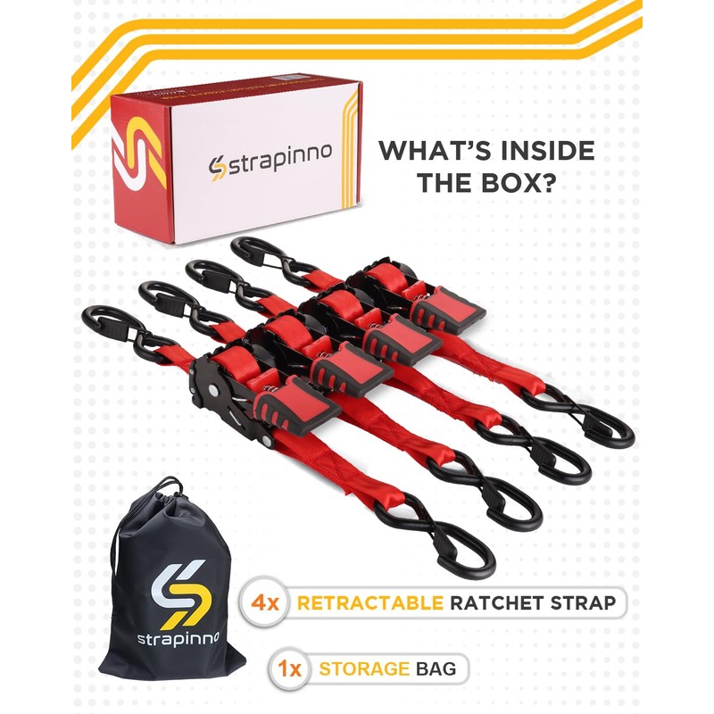 Strapinno 4pcs Retractable Ratchet Straps Bundle 1in x 6ft Ratchet