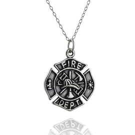 FashionJunkie4Life Sterling Silver Fire Department Emblem Necklace | Maltese Cross Charm with 18" Chain | Firefighter Gift for Women & Men