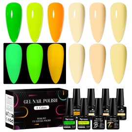 MTSSII Neon Gel Nail Polish Set Glow in Dark Gel Polish Luminous Neon Green Yellow Orange Nude Gel Polish Skin Tone Neutral Beige Nail Polish Set 8PCS (Glow+Nude)